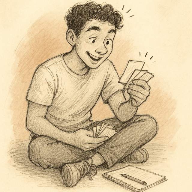 Joyful flashcard study session strengthening vocabulary recall
